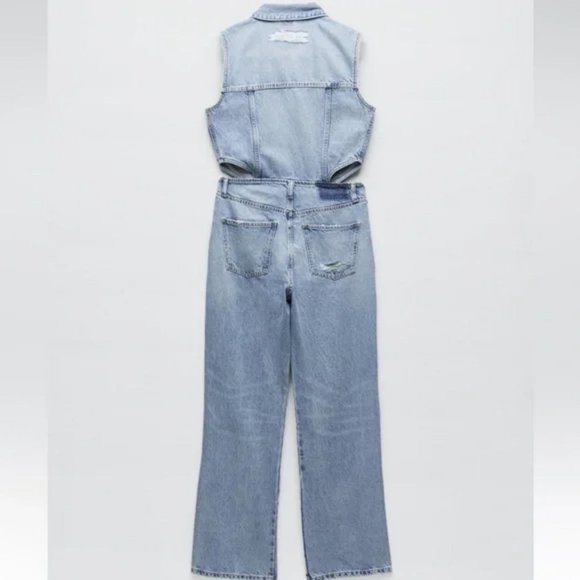 ZARA FULL LENGTH CUT OUT DENIM JUMPSUIT - Picture 6 of 7